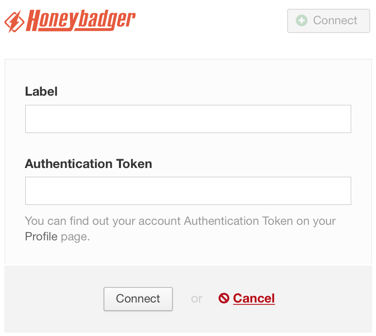 A screenshot of the Label and Authentication Token fields for configuring Honeybadger in DeployBot.