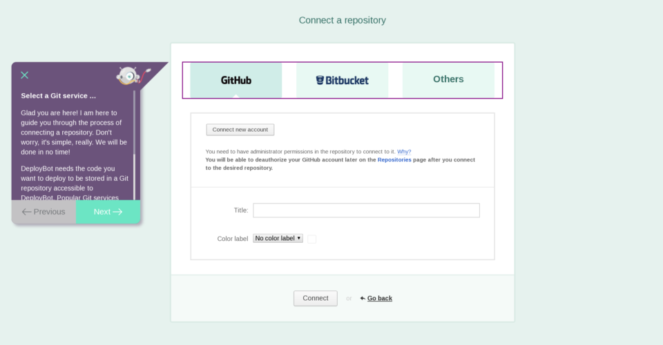 DeployBot Assistant Connecting Repositories
