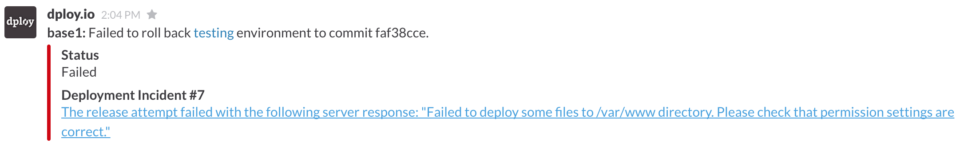 Failed deployment in Slack