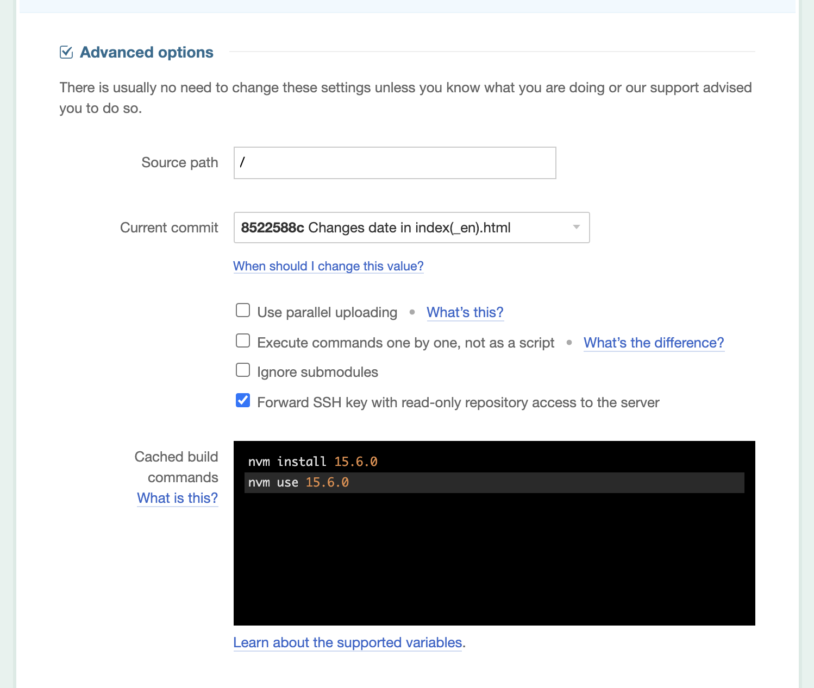 The DeployBot Advanced options dialog: entering cached build commands