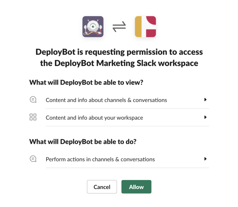 DeployBot is requesting permission to access Slack.