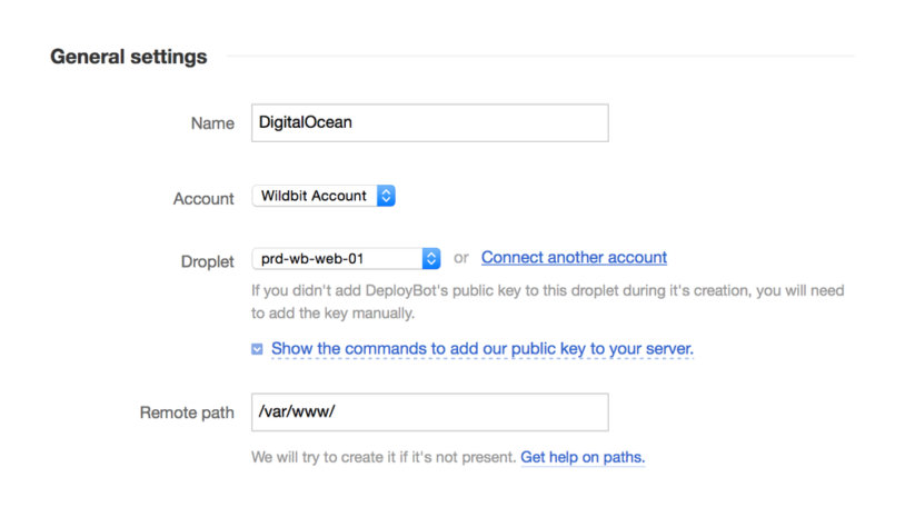 DigitalOcean server configuration page in DeployBot