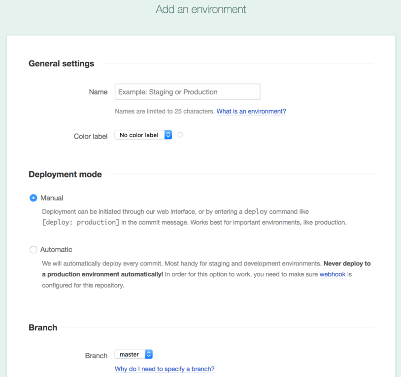 Creating an environment in DeployBot