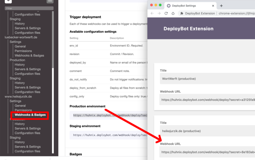 copy & paste of the webhook into the DeployBot Chrome extension