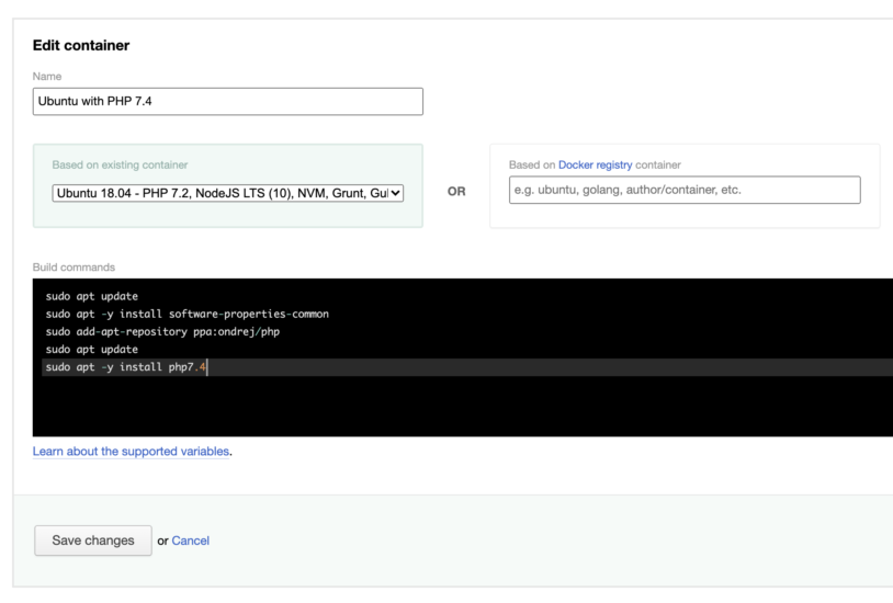 Editing a DeployBot Docker container and entering APT commands to install PHP 7.4 on Ubuntu