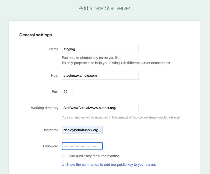 Setting up password authentication for SSH in DeployBot