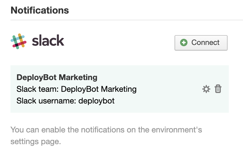 Your newly connected Slack account in DeployBot's dashboard